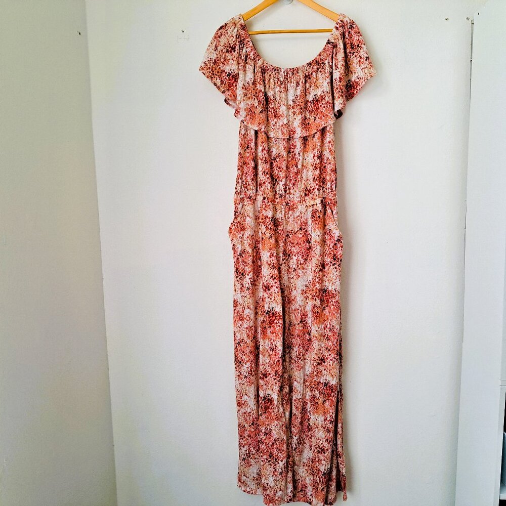 Haute Hippie tribe Jumpsuit  Size L Ruffled Neckline Pink/Beige